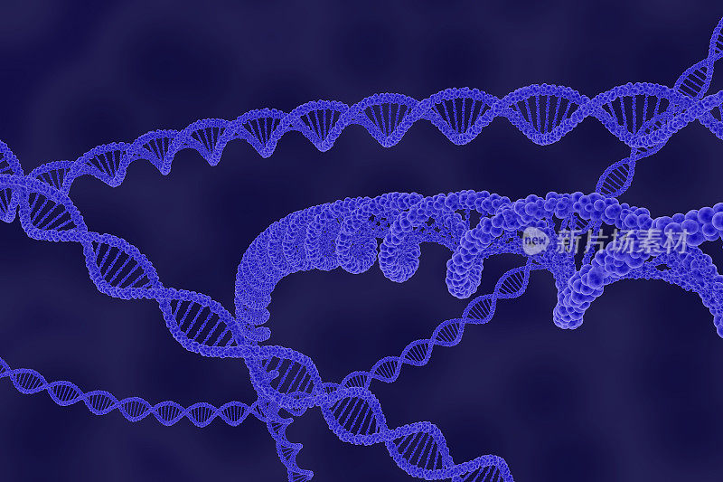 DNA双螺旋链在蓝色细胞背景- 3D插图